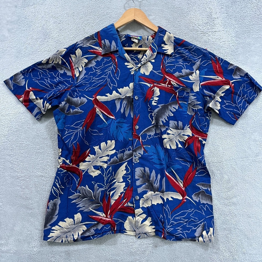 Vintage Hawaii Blues Shirt‎ Mens Large Button Up Floral Tropical USA Made 90s